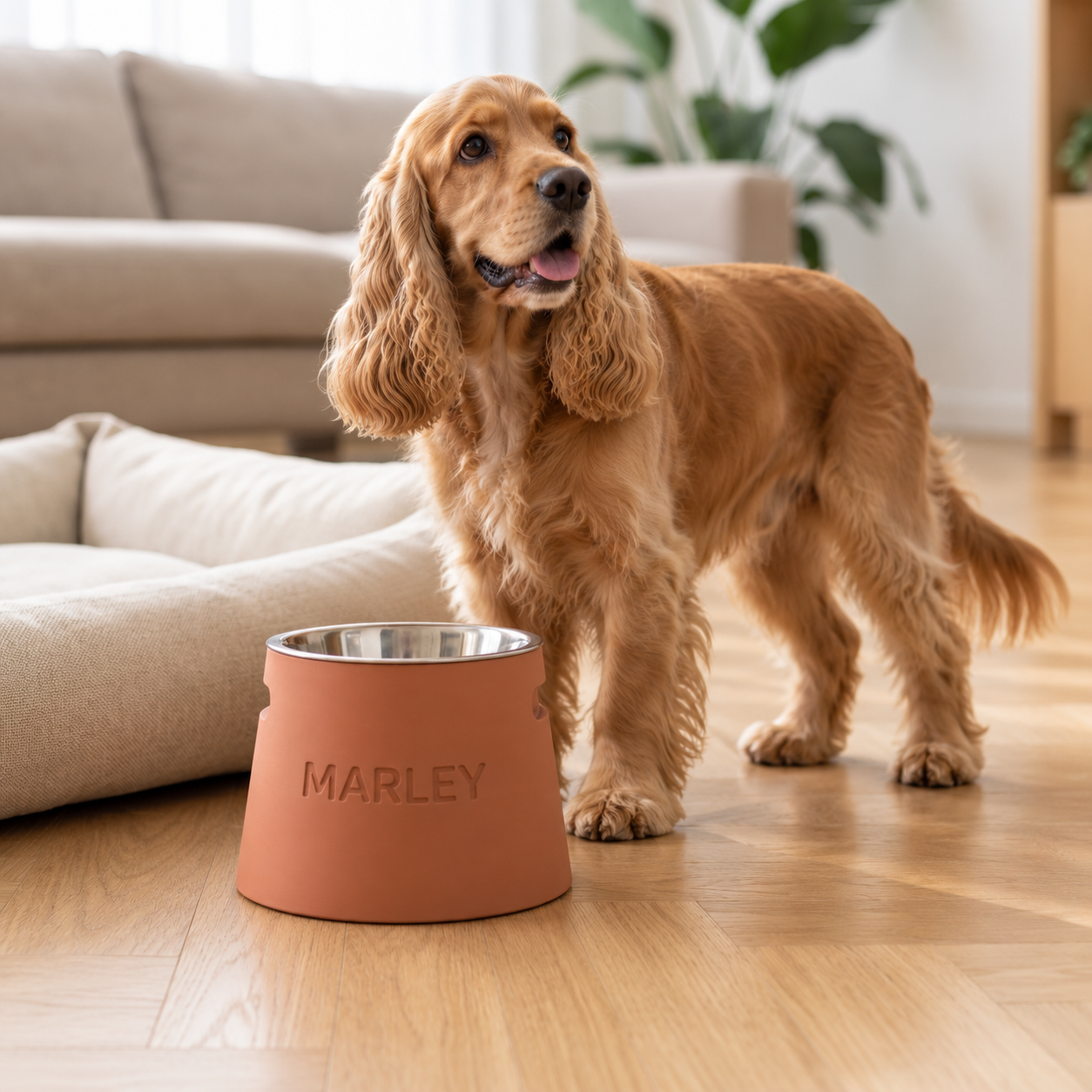 Cocker près d’une gamelle Miawouf terre cuite personnalisée MARLEY avec bol inox